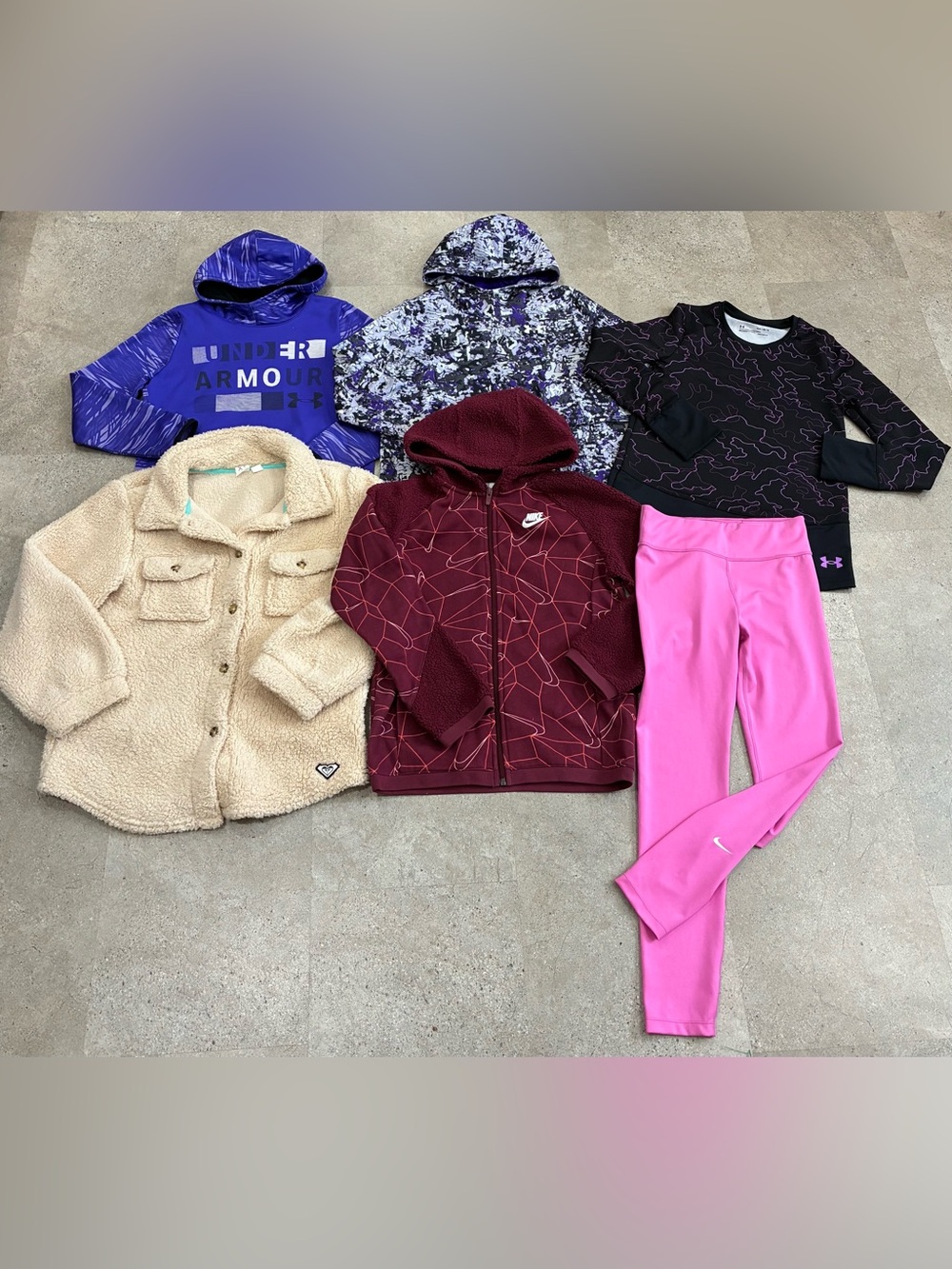 Girls UNDER ARMOUR/NIKE/ROXY Sweatshirts…Leggings…Shirt & Jacket, sz Large